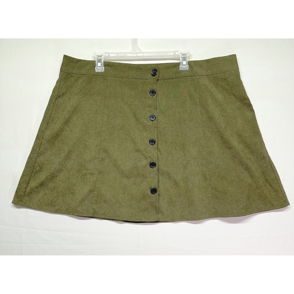 Dark Olive Green Button Front A-Line Lightweight‎ Corduroy Mini Skirt Women's 3X